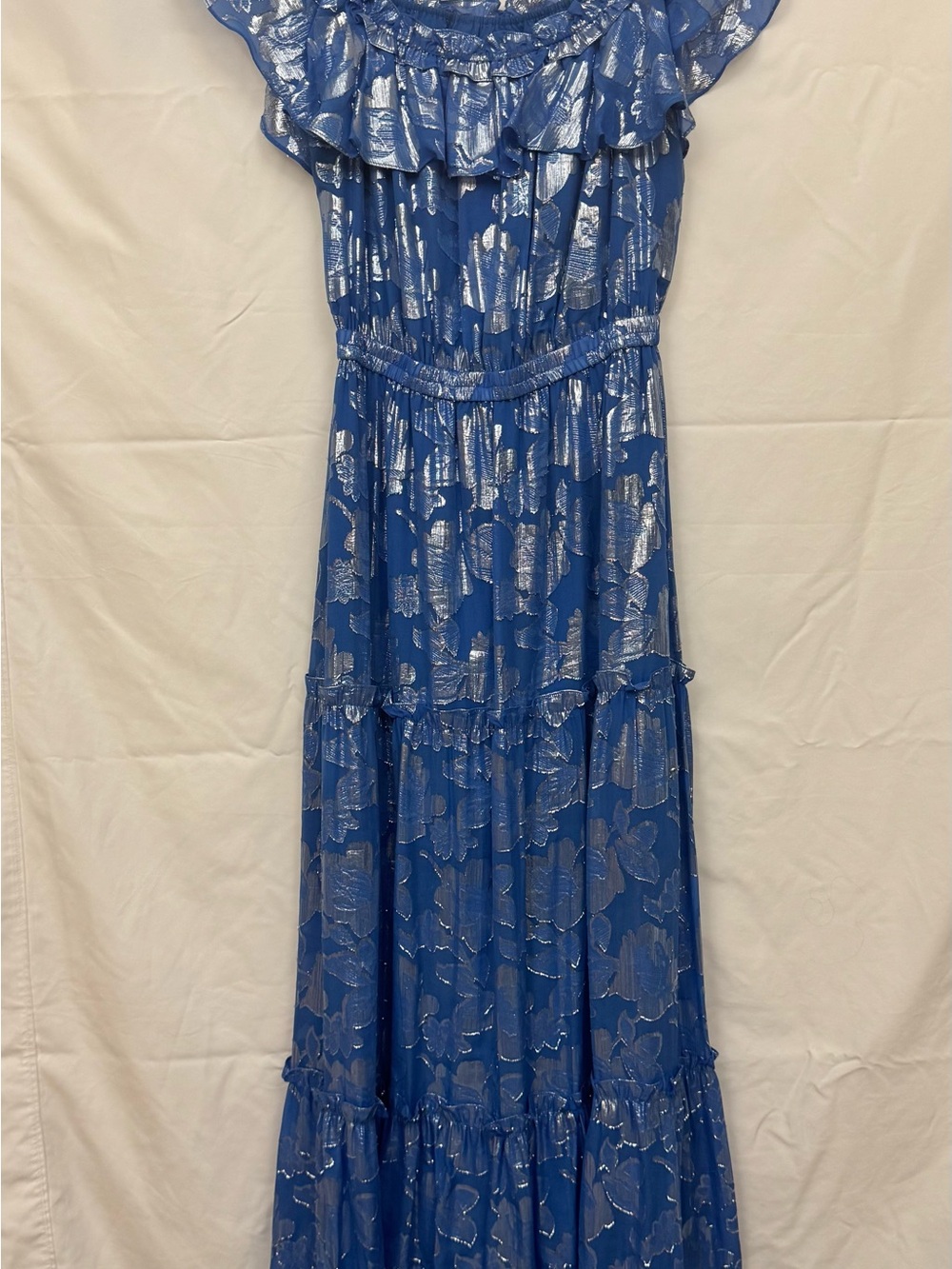 Shoshanna Blue Metallic Floral Ruffle-Tier Maxi Dress